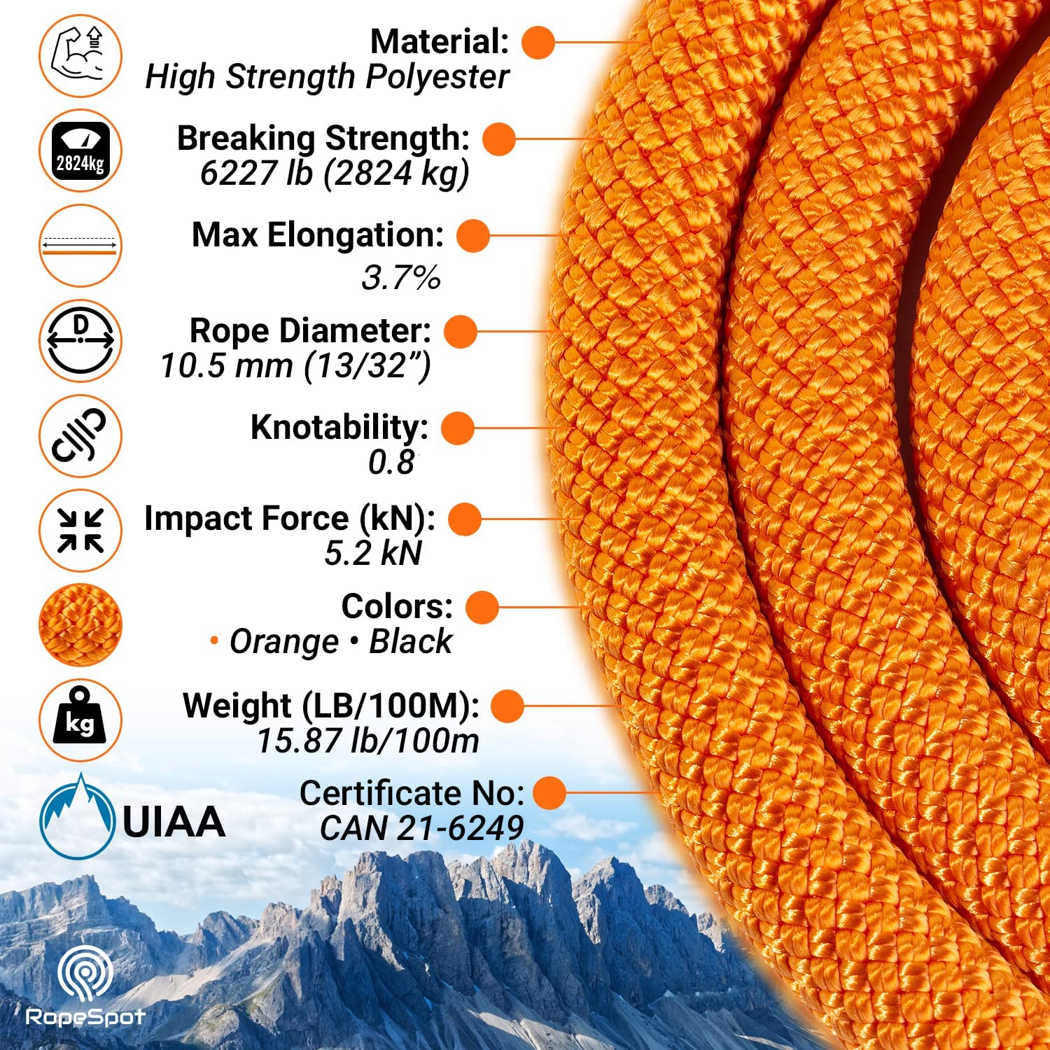UIAA Certified 10.5mm Static Climbing Rope - High Strength Rock Climbing Gear for Mountaineering & Rescue - Heavy Duty Safety Rope for Outdoor Adventures & Emergency Situations