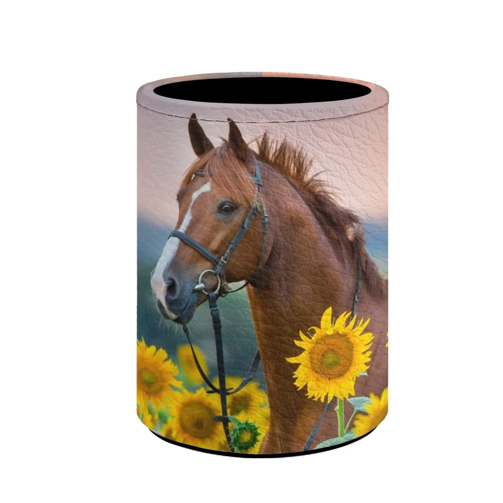 Kuiaobaty Sunflower Horse Print Pen Holder - Round Pen Cup & Makeup Brush Organizer for Women & Kids - Durable Office & School Desk Accessory for Writing Tools & Cosmetics Storage