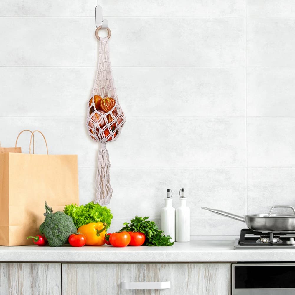 Macrame Hanging Basket for Fruits & Vegetables - Cotton Boho Wall Hanging Produce Holder, Banana Hammock, Kitchen Counter Space Saver - Perfect for Organizing Fresh Produce in Small Kitchens, Balconies or Boho Home Decor (White)