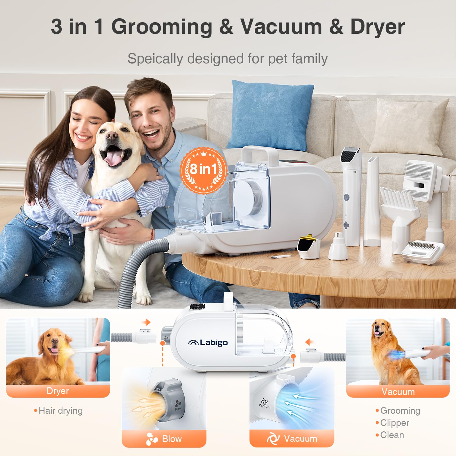 LABIGO 8-in-1 Professional Dog Grooming Kit - Pet Hair Vacuum, Adjustable Speed Hair Dryer, Electric Clippers, Nail Grinder & Paw Trimmer for Shedding Control - 2.7L Dust Cup - Perfect for Home Pet Grooming & Professional Salon Use
