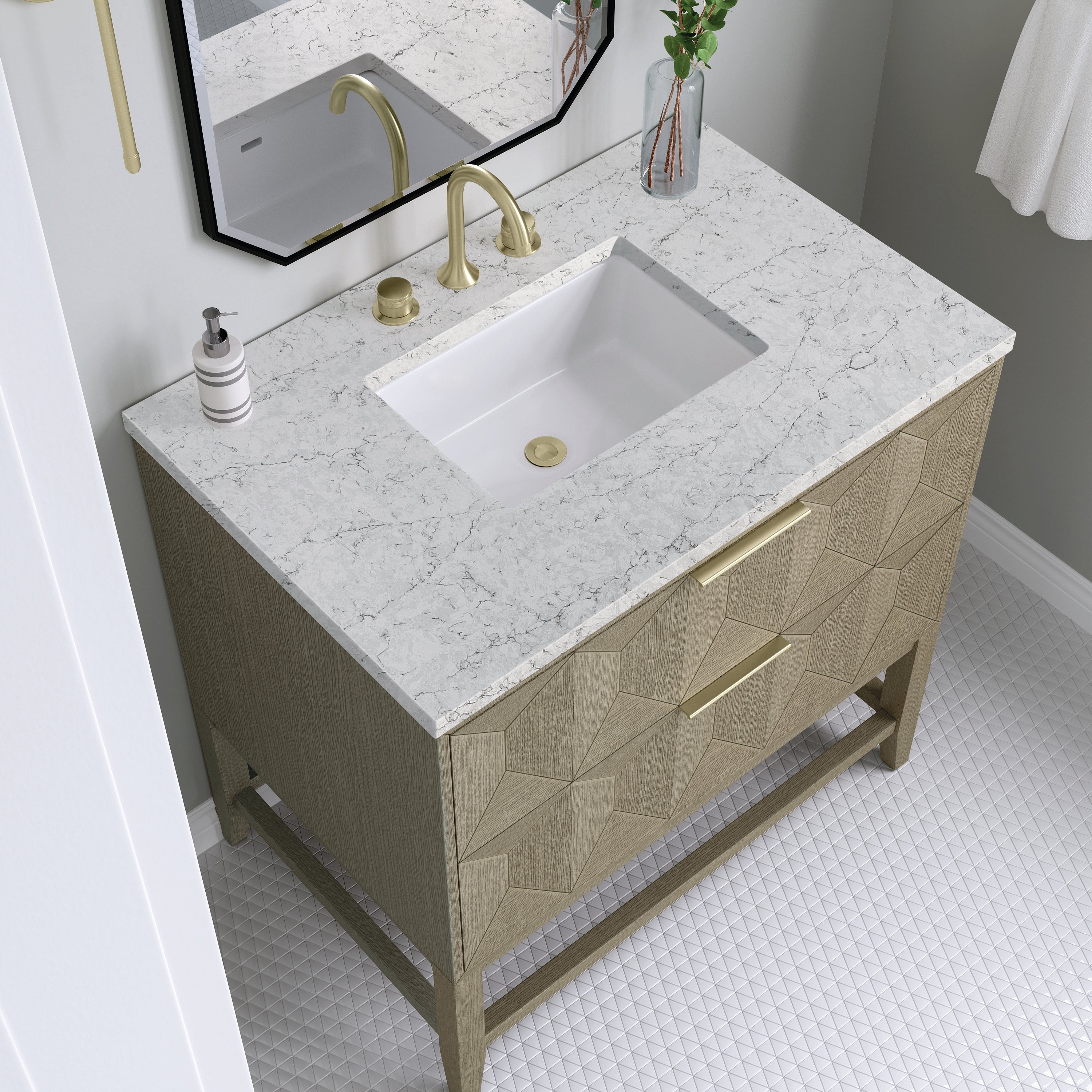 Emmeline 36 Inch Single Bathroom Vanity with Pebble Oak Finish & 3CM Eternal Jasmine Pearl Stone Top - Perfect for Modern Master Bathrooms & Powder Rooms