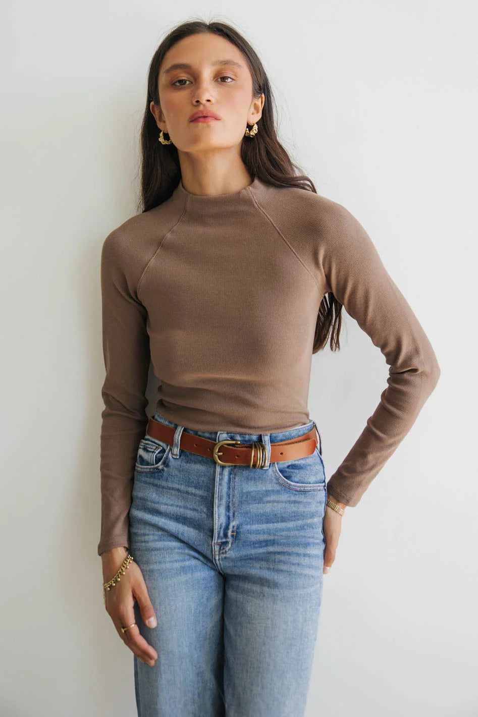 Amaya Mock Neck Top for Women - Soft Stretch Mocha Brown Long Sleeve Shirt | Perfect for Work, Date Night & Casual Outfits
