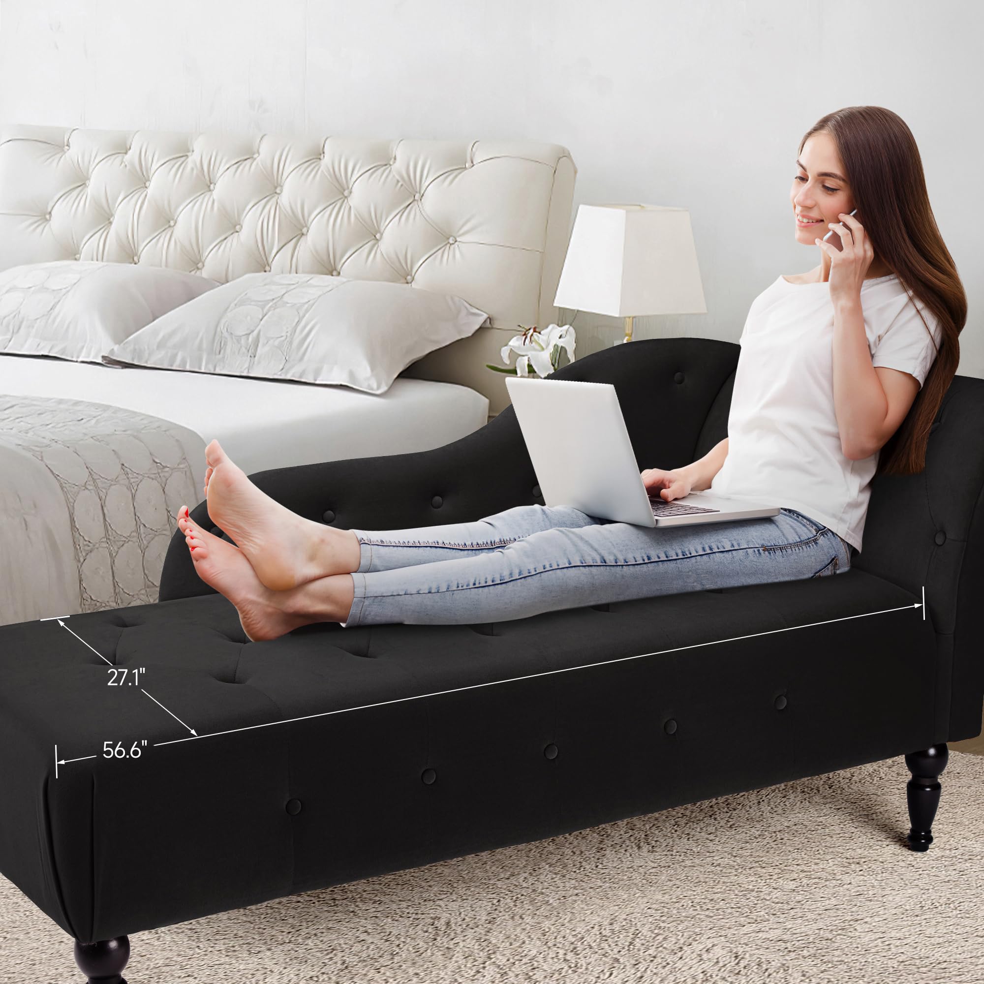 Modern Velvet Upholstered Lounge Chair with Left Armrest - Button Tufted Chaise Sofa for Bedroom, Living Room & Office - Black | Comfortable Seating for Relaxation, Reading & Home Decor