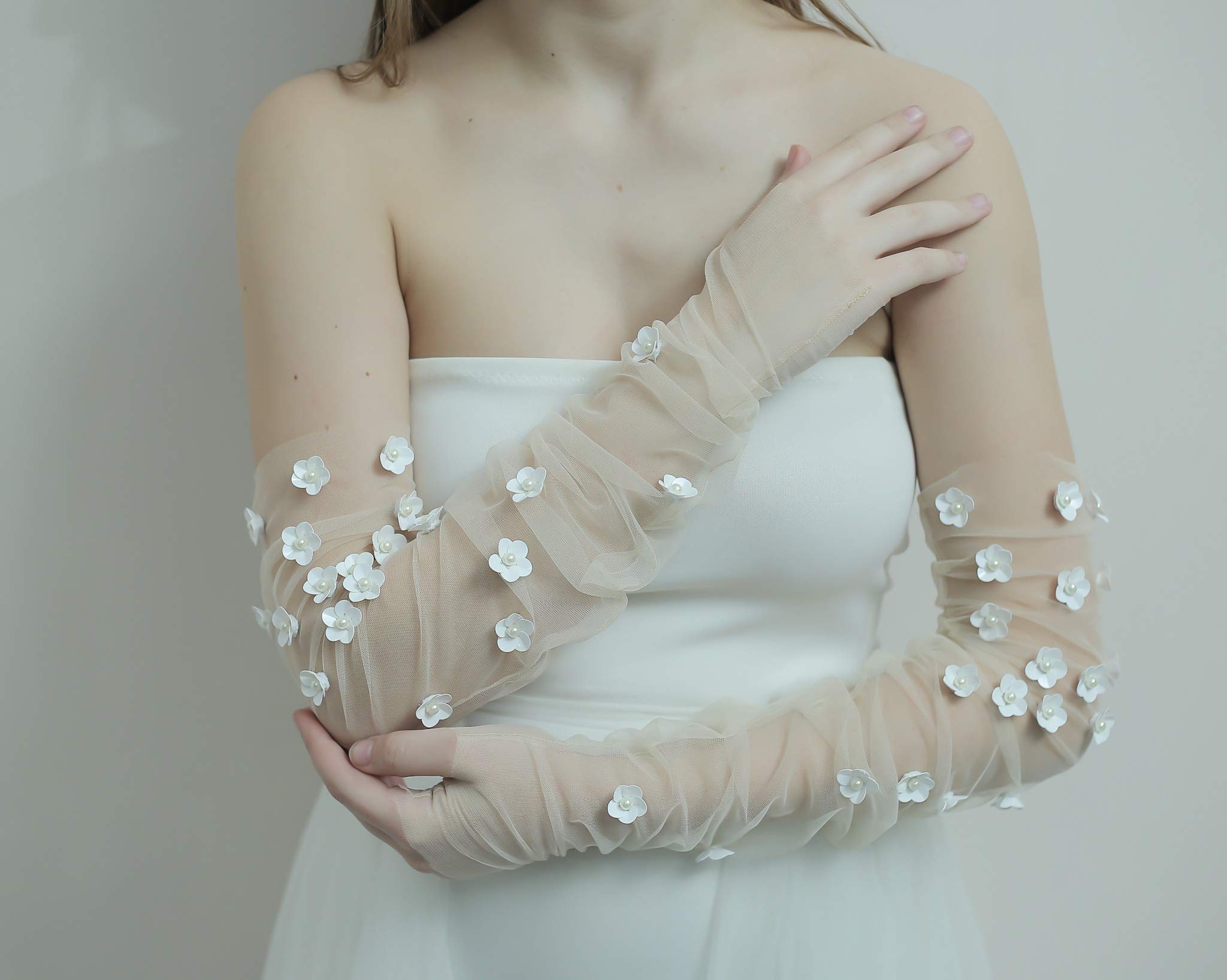 Elegant White Sheer Tulle Gloves with Floral Embellishments - Vintage 90s Inspired Wedding Gloves | Handmade Bridal Accessories for Weddings, Prom & Formal Events