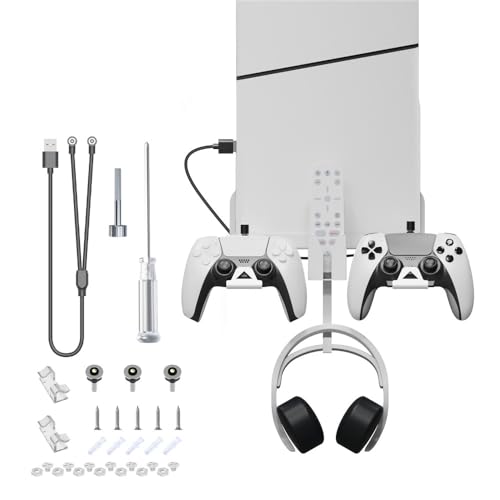 PS5 Slim Wall Mount Kit with 2-in-1 Magnetic Charging Cable - Controller Charging Cradle & Headset Hanger - Perfect for Gaming Setup and Space Saving Organization