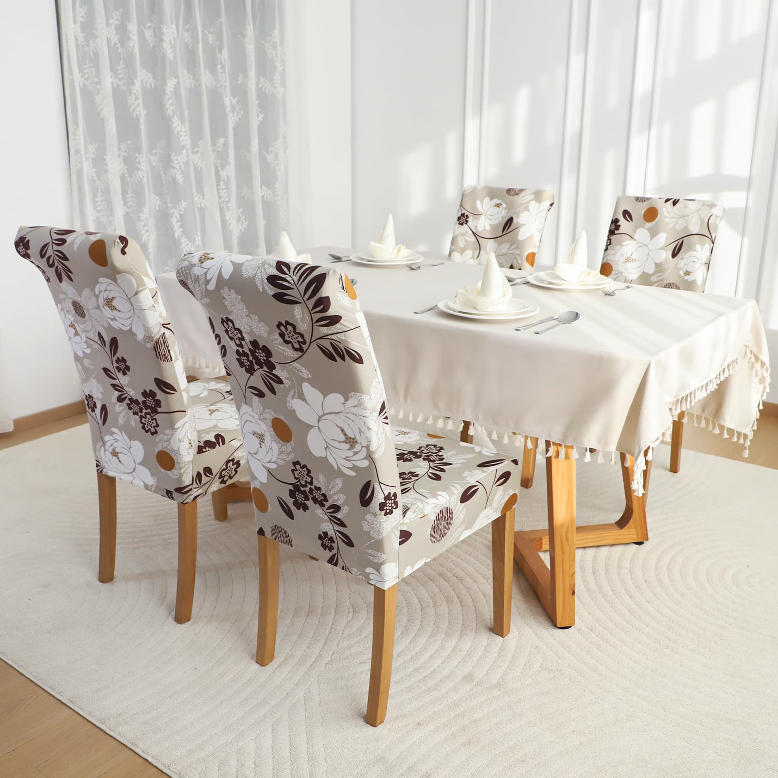FORCHEER Stretch Dining Chair Covers Set of 4 - Beige Floral Pattern Washable Slipcovers for Kitchen, Parsons & Dining Room Chairs | Perfect for Home Decor, Parties & Daily Use (Pack of 4)