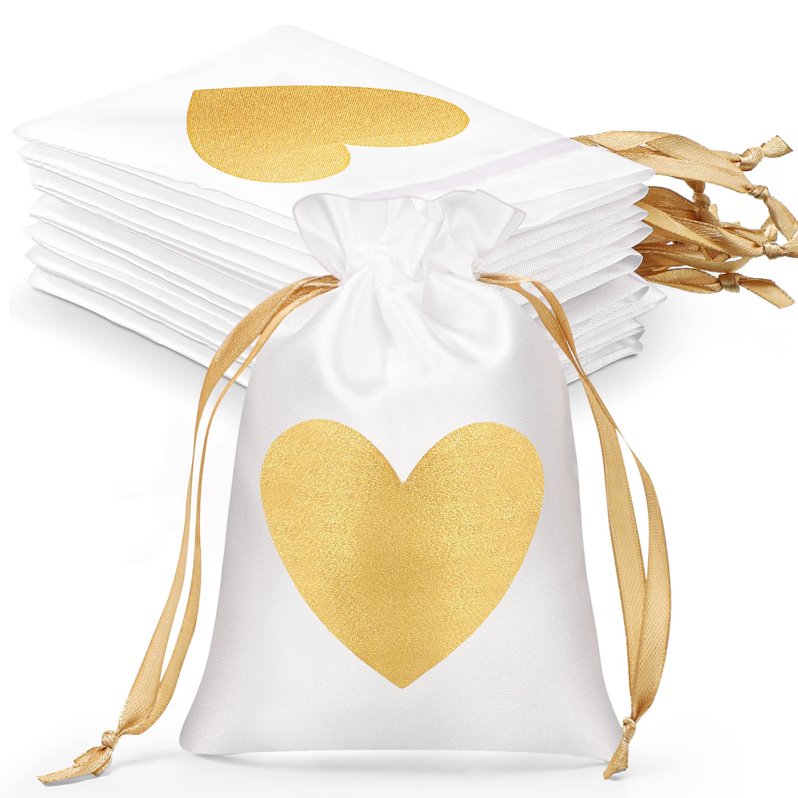50 Pcs White Satin Gift Bags with Gold Heart Print - 4x6 Inch Drawstring Jewelry Pouches for Wedding Favors, Bridal Shower, Baby Shower, Birthday Party Gifts & Special Occasions - Perfect for Jewelry, Candies, Small Treasures and Party Favors