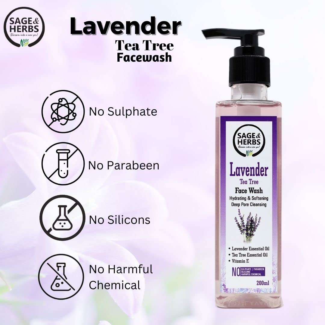 Sage & Herbs Natural Anti Acne Face Wash with Lavender & Tea Tree Oil - Reduces Acne, Pimples & Minimizes Pores - Gentle Cleanser for Oily & Sensitive Skin - Perfect for Daily Skincare Routine & Breakout Control (100ml)