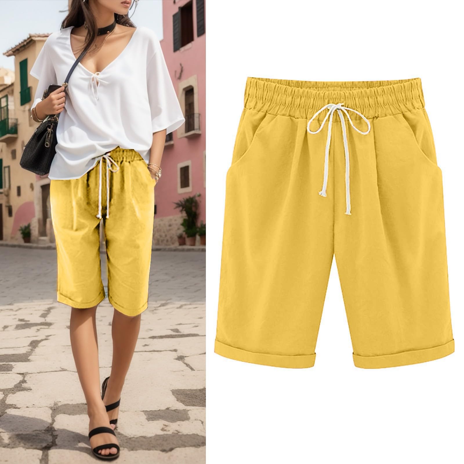 Women's Bermuda Shorts - Casual Summer Black Shorts with Pockets for Beach & Travel