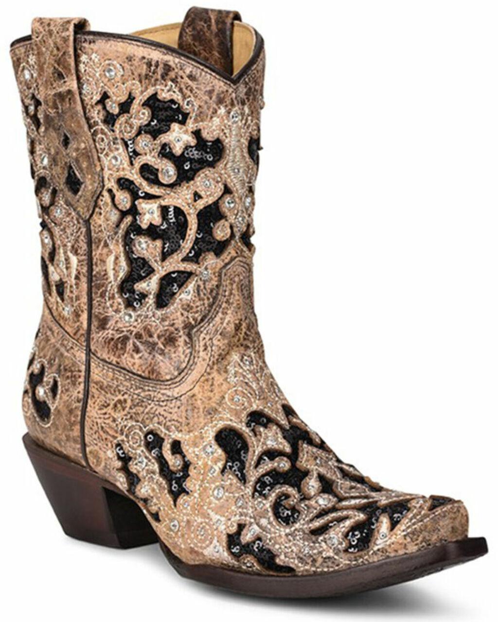Women's A4190 Brown Ankle Boots with Inlay, Embroidery, Studs & Crystals - Stylish & Comfortable for Casual Outings, Parties & Work