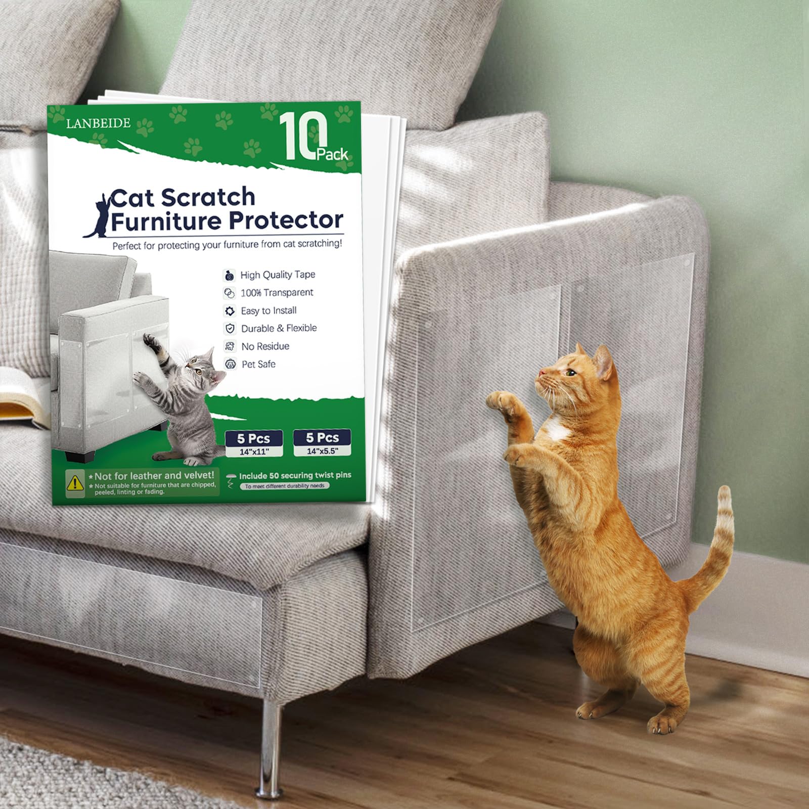 LANBEIDE 10-Pack Clear Cat Scratch Furniture Protector - Anti-Scratch Couch Protector Sheets with 50 Twist Pins | Cat Scratch Deterrent for Sofa, Chairs & Home Furniture | Perfect for Pet Owners & Multi-Cat Households