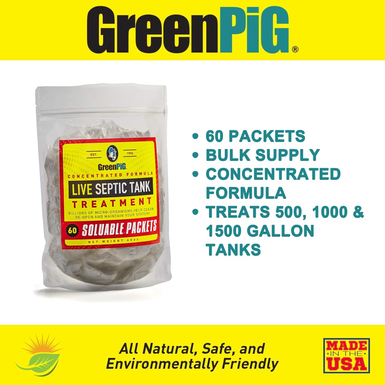 GREEN PIG Septic Tank Treatment - 60 Pods, Septic Safe Clog Remover & Drain Field Protector | Prevents Costly Septic Failures | Extra-Large Shareable Quantity | Ideal for Home, RV & Cabin Septic Systems