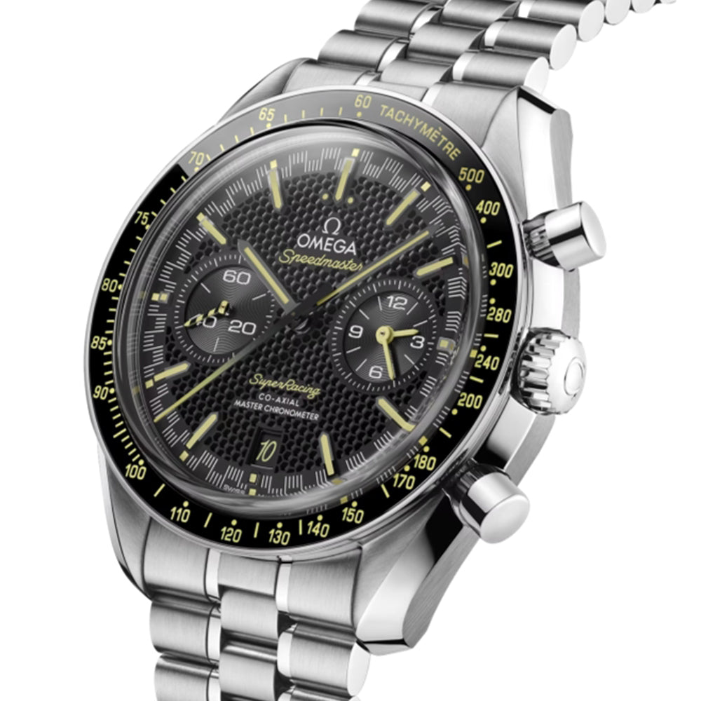 Omega Speedmaster Super Racing Master Chronometer 44.25mm Men's Watch - Black Dial on Stainless Steel Bracelet - Precision Timekeeping for Racing Enthusiasts & Professional Drivers