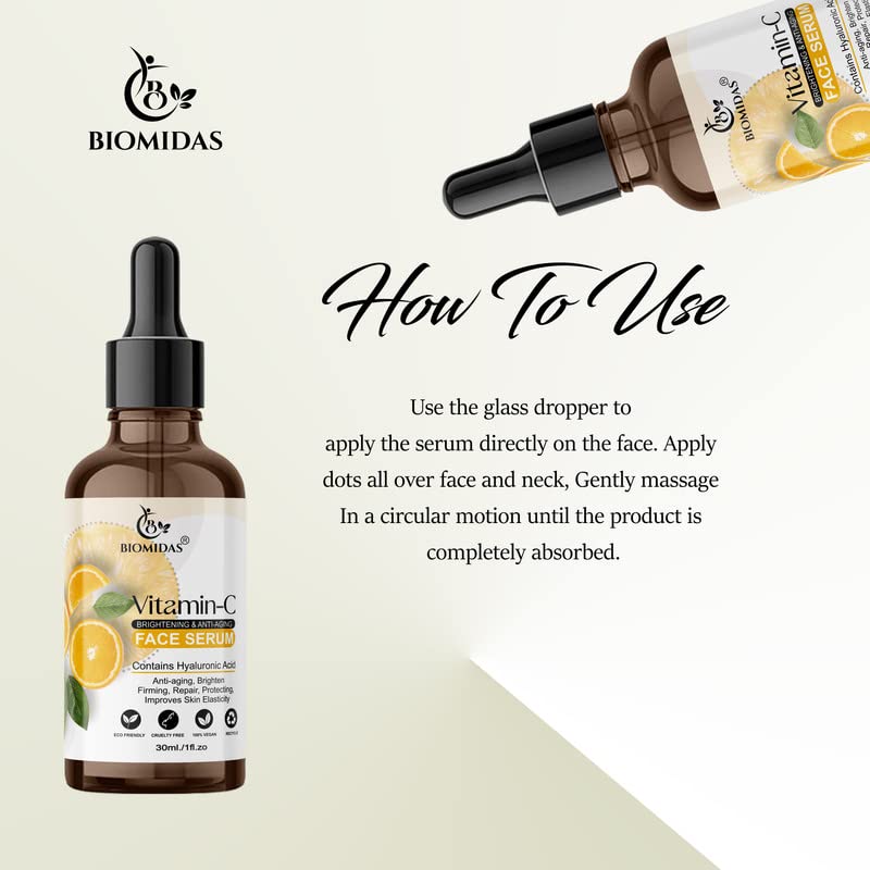 Biomidas Vitamin C Professional Skin Clearing Face Serum - Anti-Aging, Brightens Skin Tone, Reduces Wrinkles & Fine Lines, Repairs Sun Damage 30ml | For Daily Skincare Routine & Nighttime Repair