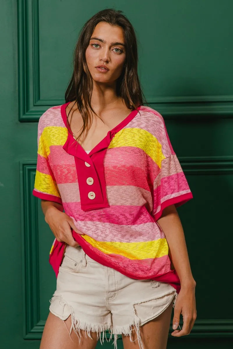 BiBi Women's Multi-Color Striped Hacci Knit Button Detail Ringer T-Shirt | Casual Summer Top for Outfits, Beach & Date Nights