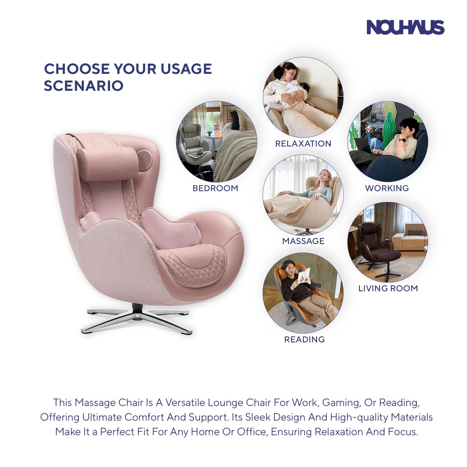 Nouhaus Classic Massage Chair with Ottoman – Pink Leather Recliner with Percussive Shiatsu Massage, Built-in Bluetooth Speaker & Full Body Spot Massage – Ultimate Comfort for Home, Office & Spa Relaxation