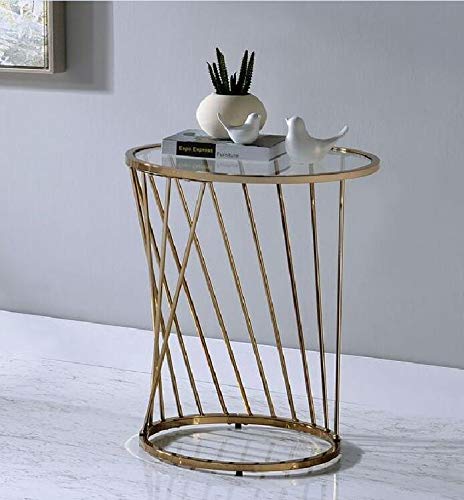 Takefuns Champagne Blue Lipe End Table - Modern Nightstand for Bedroom, Living Room, or Office - Small Side Table with Sturdy Metal Frame & Glass Top