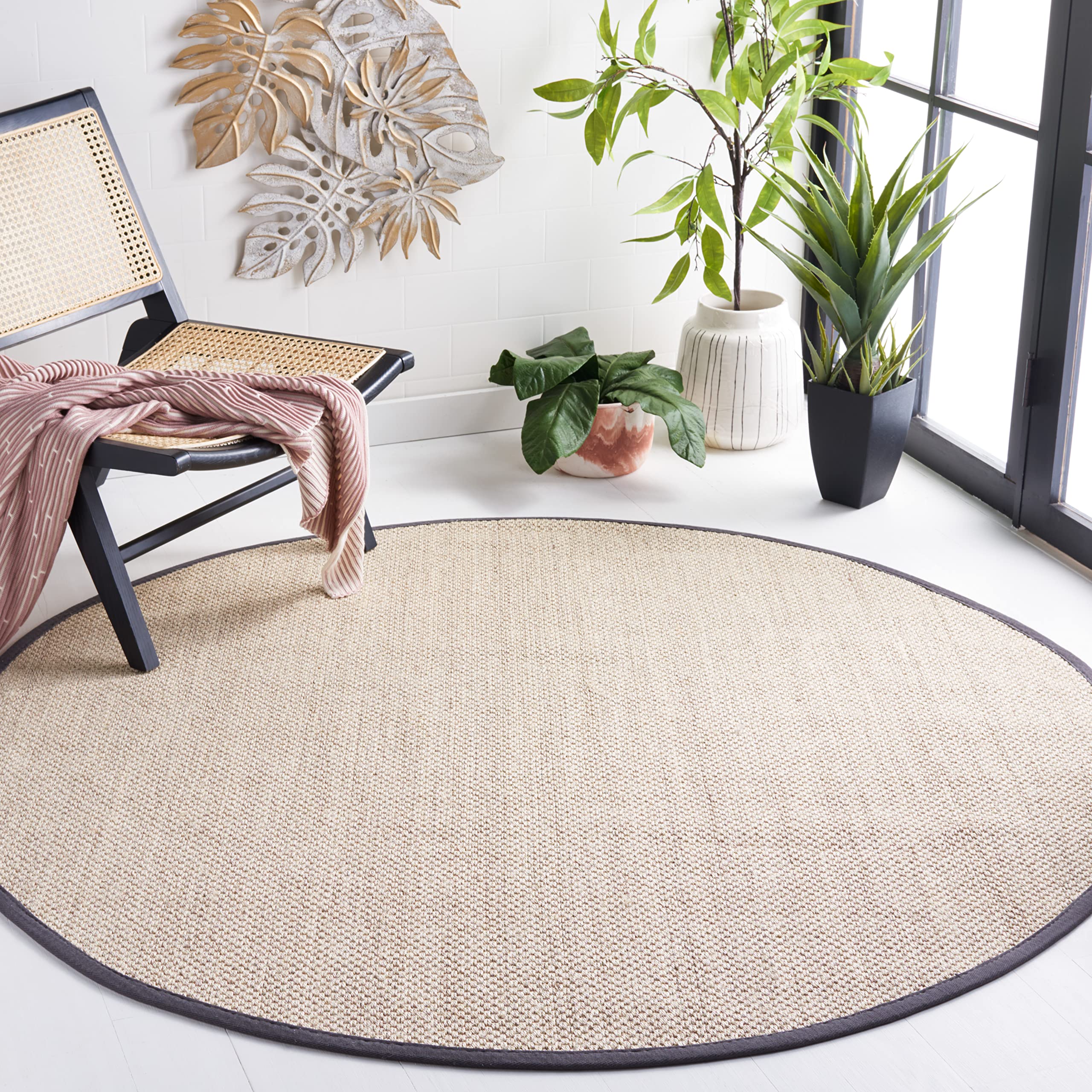 SAFAVIEH Natural Fiber Collection 6-Foot Round Marble & Dark Grey NF143D Border Sisal Area Rug - Perfect for Living Room, Bedroom or Office Decor