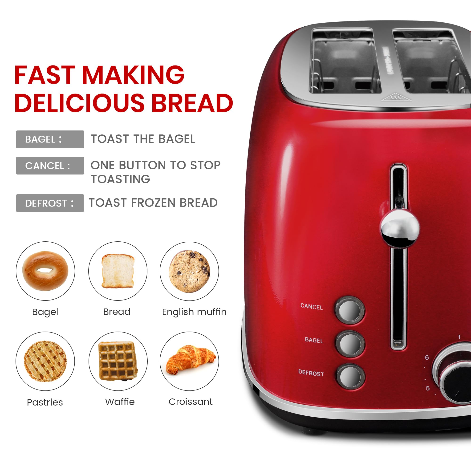 Retro 2-Slice Toaster with Bagel, Cancel & Defrost Functions - Stainless Steel, 6 Shade Settings, Extra Wide Slots & Removable Crumb Tray - Red - Perfect for Kitchens, Dorms & Small Spaces
