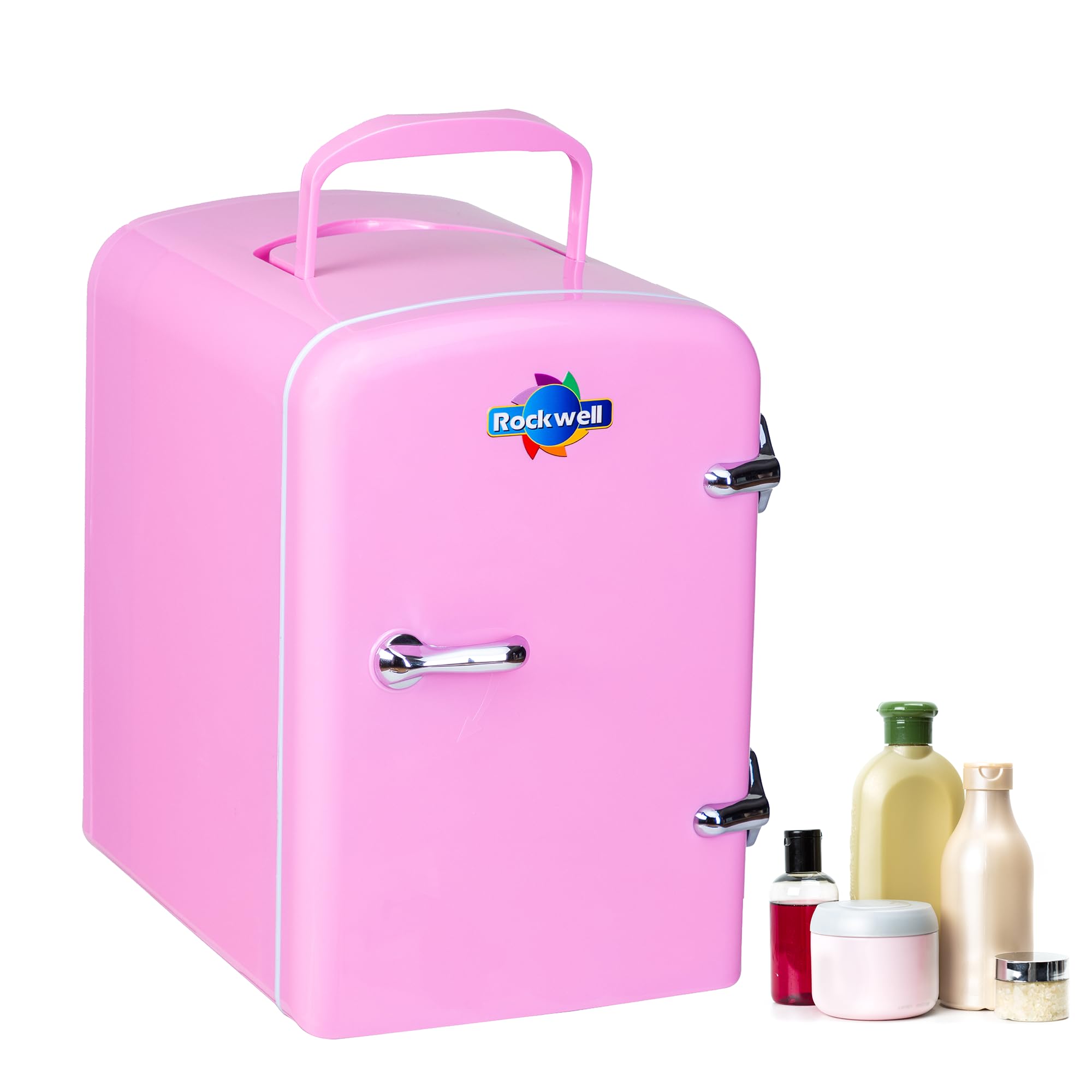 ROCKWELL 4L Retro Mini Fridge and Warmer - Portable Thermoelectric Cooler & Warmer for Skincare, Cosmetics, Medicine, Drinks & Snacks - AC/DC Power - Perfect for Bedroom, Office, Dorm & Travel - Pink