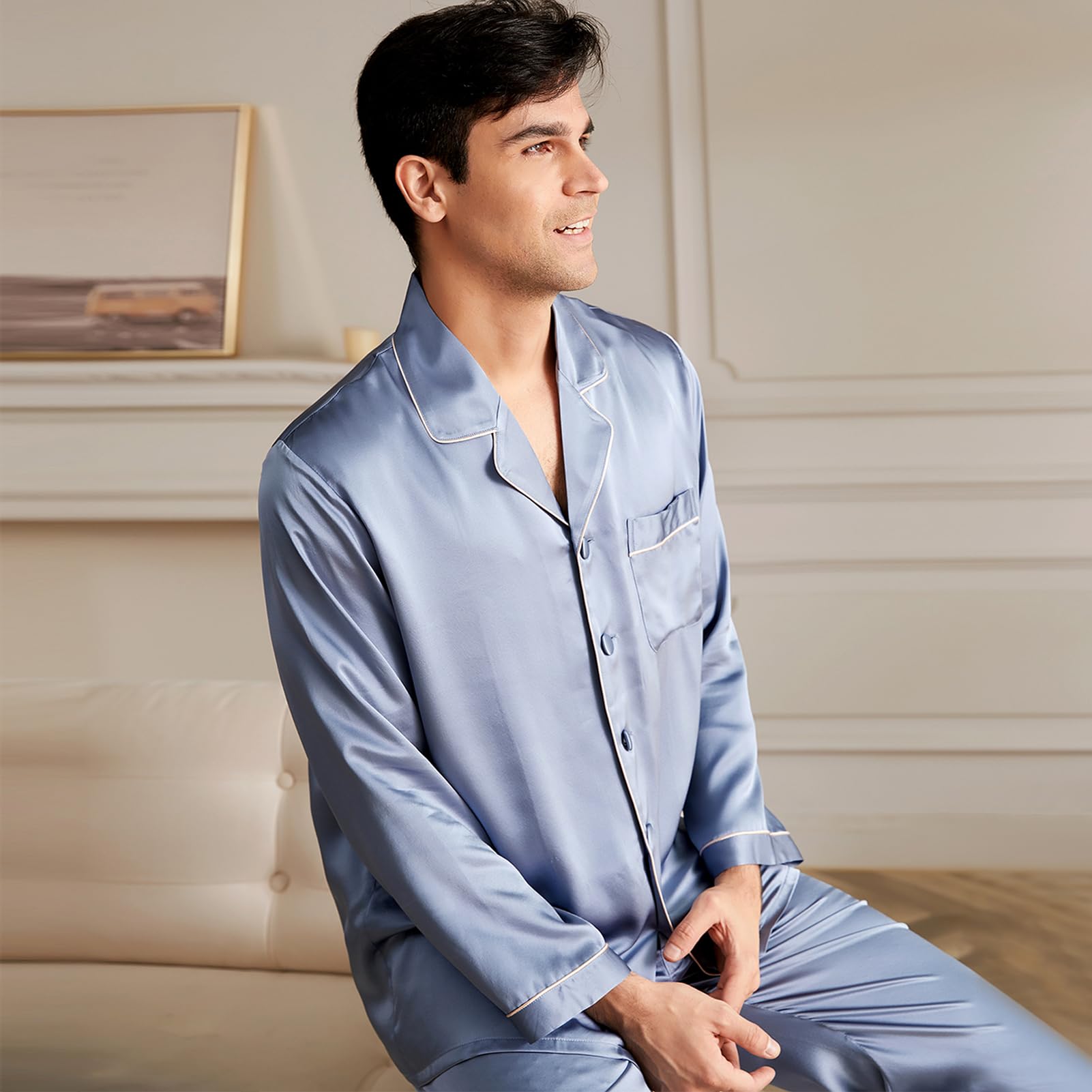 Premium 19 Momme Mulberry Silk Pajama Set for Men - 2-Piece Long Sleeve Luxury Sleepwear | Lightweight & Breathable Silk Pajamas | Perfect for Lounging, Travel & Gift Giving