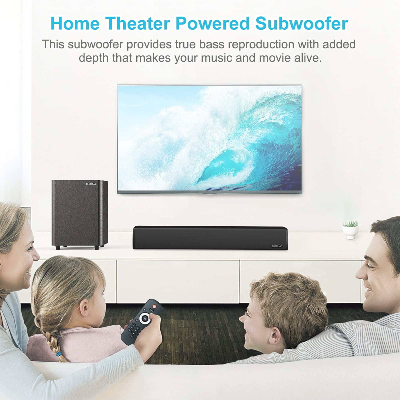 **BESTISAN Powered Subwoofer - Compact Down-Firing Deep Bass Subwoofer for Home Theater, TV & Audio Systems | Easy Setup with Included Coaxial Cable | Perfect for Movies, Music & Gaming (Black)**