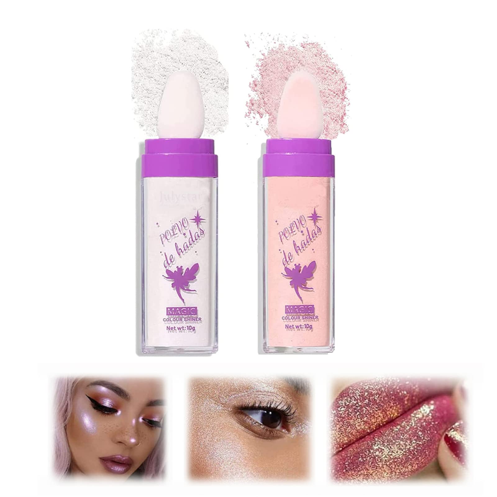 Fairy Dust Highlighter Powder & Glamaz Highlight Stick - White & Pink Shimmer Makeup for Face & Body | Loose Glitter Powder & Puff Patting Highlighter for Contouring, Glow Makeup - Perfect for Parties, Photos & Night Out