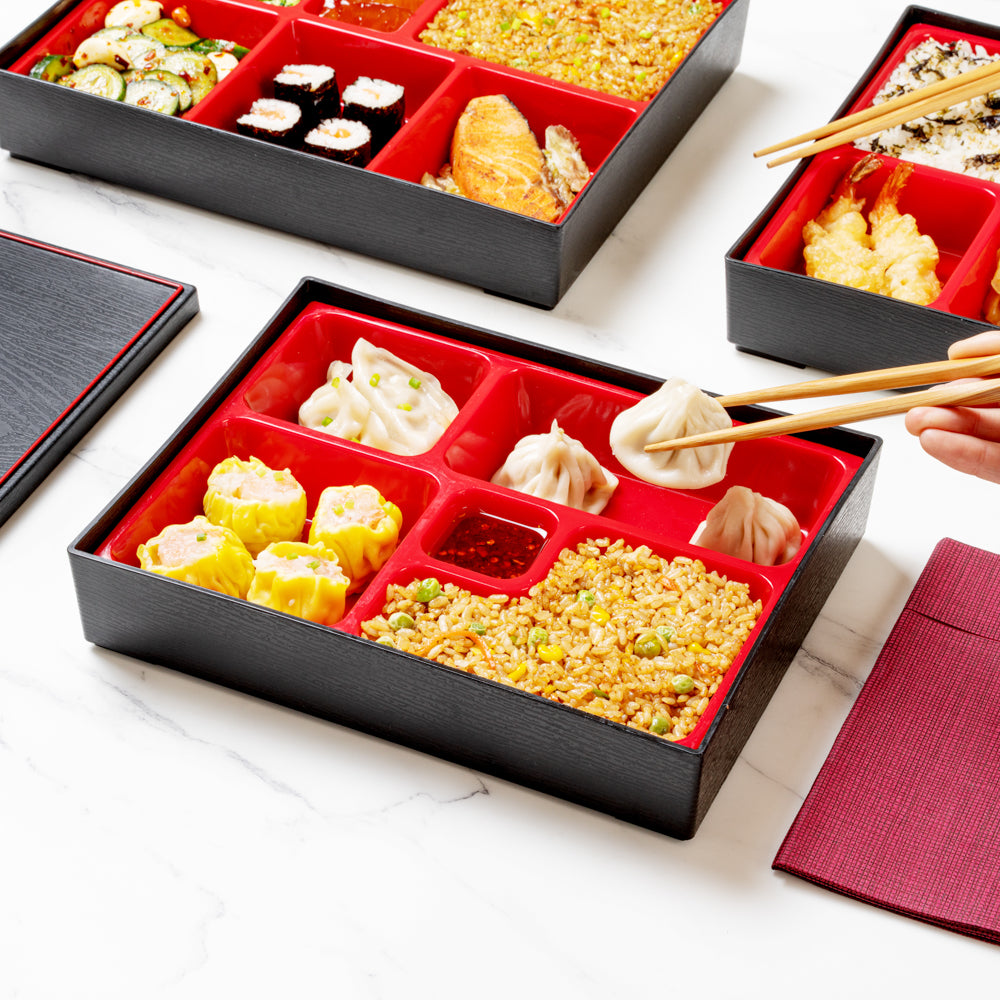 Japanese Style Bento Box - 5 Compartments Black and Red Lunch Box (10.75