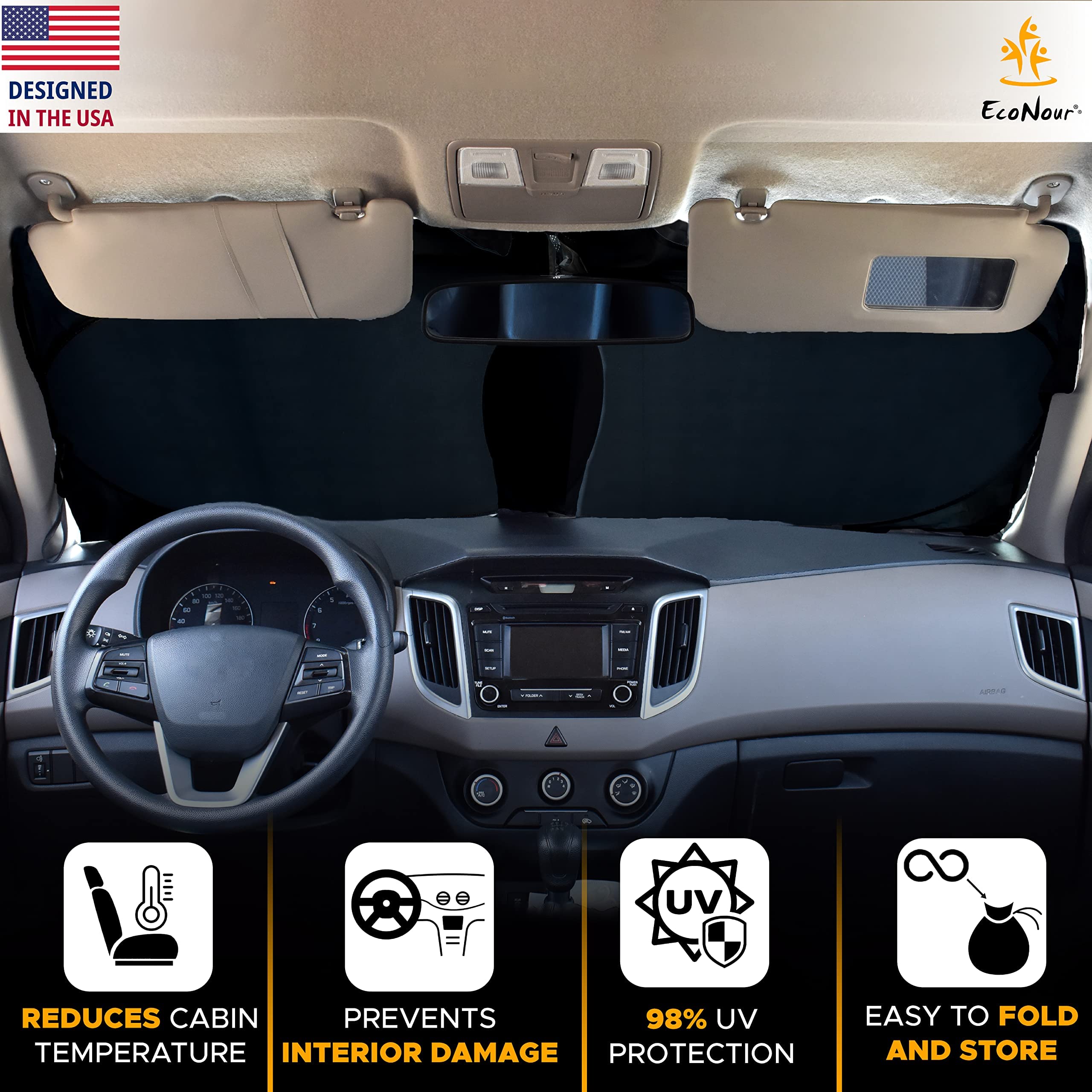 20”x12” Car Windshield Sun Shade + Side Window Shades (4 Pack) & 39”x17” Rear Window Sun Shade | Complete UV Protection for Baby & Child Safety | Car Interior Accessories for Summer Heat | Perfect for Road Trips, School Runs & Family Travel