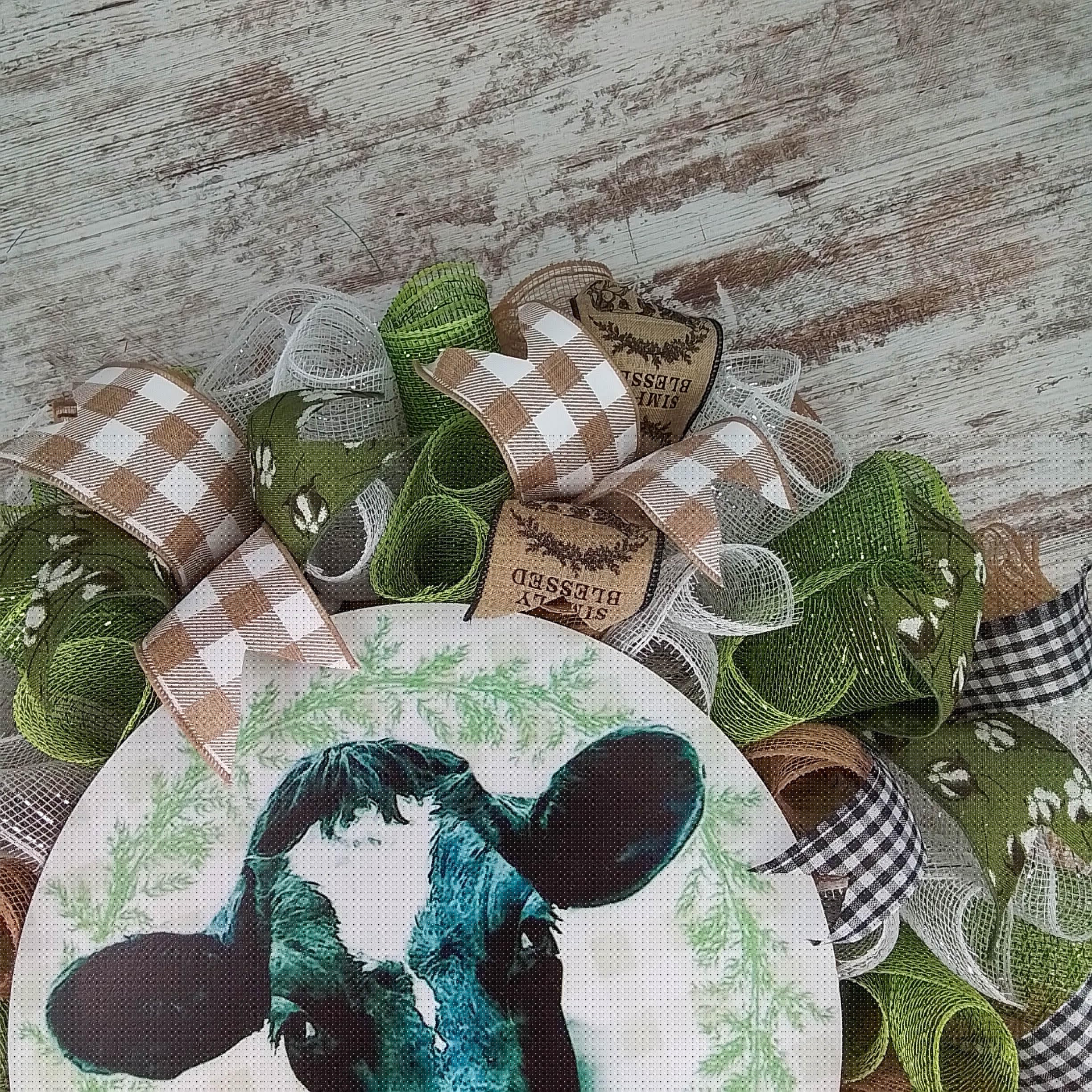 Farmhouse Cow Wreath - Rustic Black White Green Decor for Front Door - Perfect Year Round Wreath for Birthday Gift, Housewarming & Farmhouse Style Home Decor (Kitchen, Living Room, Porch)