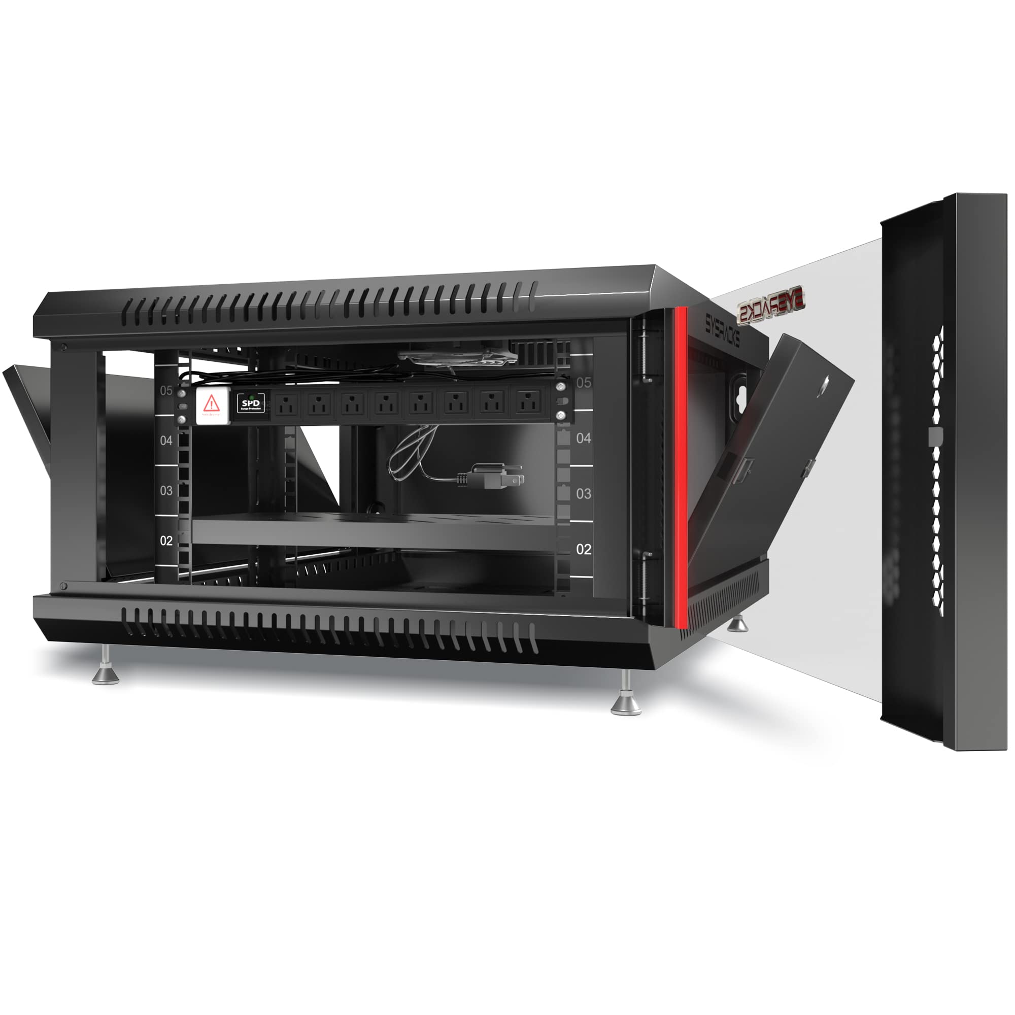 6U Wall Mount Server Rack Cabinet - Secure Locking Network & AV Equipment Enclosure for Electronics, Audio Video & Data Storage - Includes Legs, Power Strip, Shelf & Cooling Fan - 24-Inch Deep Black Rack (Perfect for Home Studios, IT Closets & Commercial AV Installations)