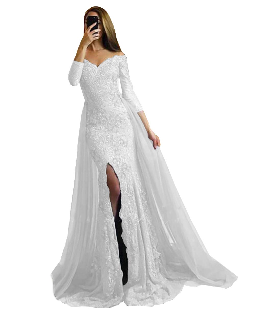 Emanni Women's Off Shoulder Long Sleeve Mermaid Prom Dress - Elegant White Formal Evening Gown for Homecoming, Wedding Guest, Cocktail Party & Special Occasions