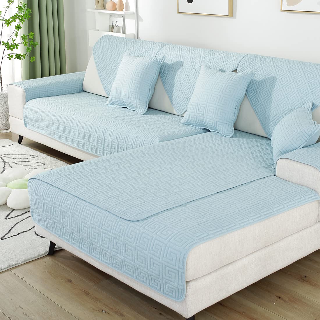 Geometric Embroidery Cotton Sofa Couch Cover - Non Slip Quilted Sectional Couch Protector - Farmhouse Solid Color Slipcover for Dogs, Children & Pets (Blue, 43