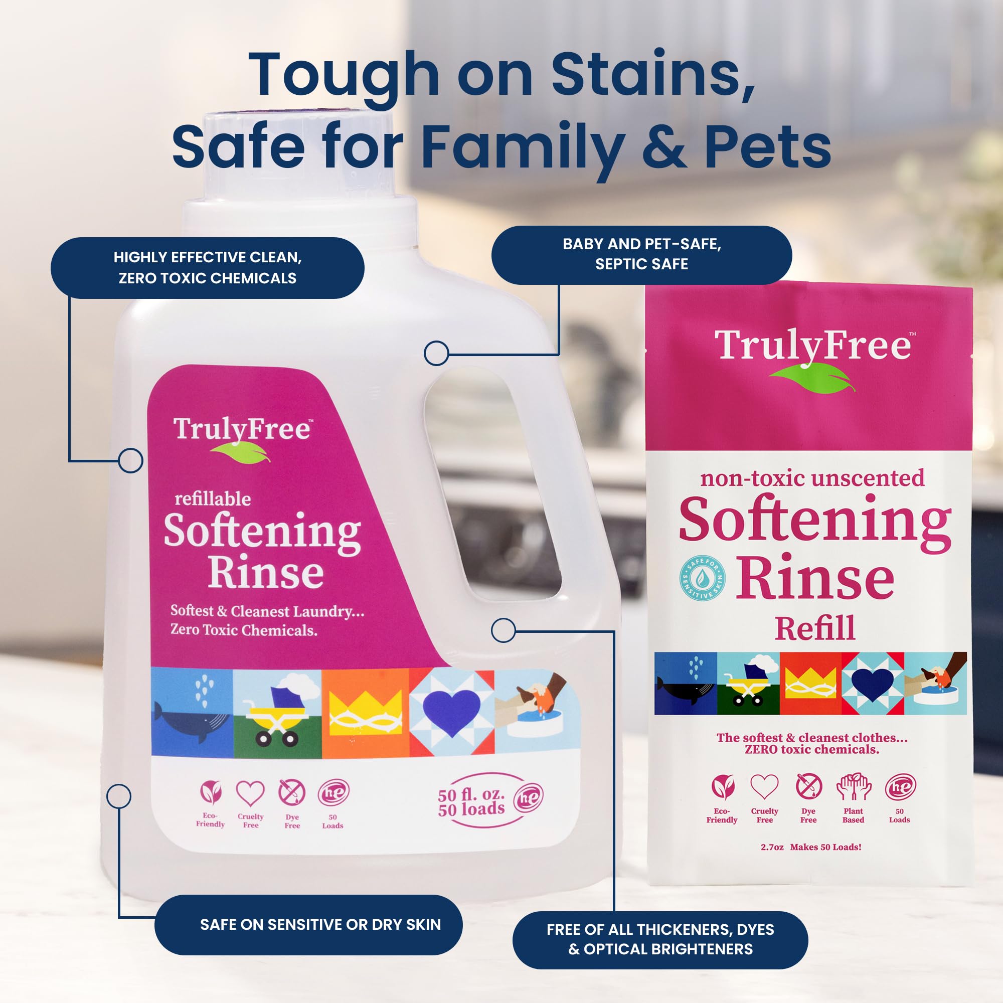 Truly Free Fabric Softener for Clothes | Hypoallergenic & Plant-Based Laundry Conditioner | Safe for Sensitive Skin, Babies & Kids | Includes 50oz Refillable Bottle with Measuring Cap | Unscented, 50 Loads | Perfect for Eco-Friendly & Gentle Fabric Care in Daily Laundry