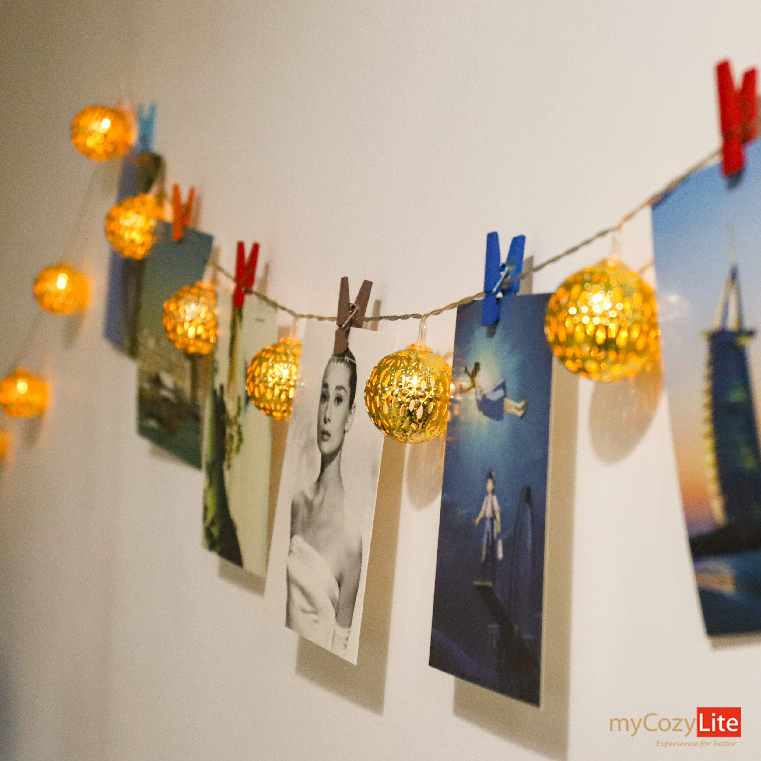 myCozyLite LED Globe String Lights - 10ft Warm White Moroccan Fairy Lights with Timer, 20 Golden Metal Globes, Battery Powered for Bedroom, Wedding, Party & Outdoor Decor