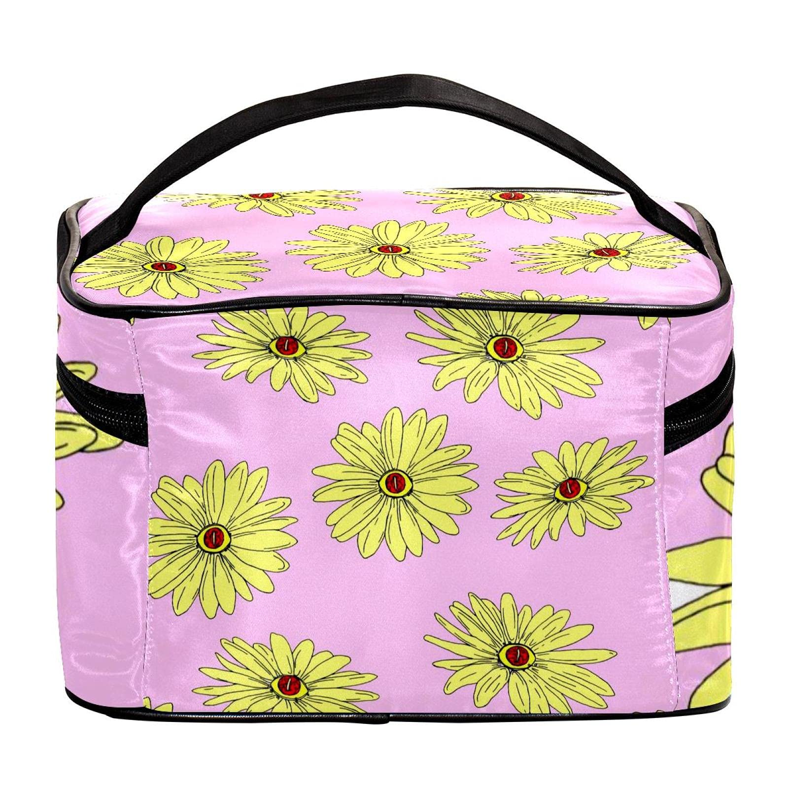**Yellow Sunflowers Pink Pattern Large Travel Makeup Bag for Women & Girls – Waterproof Cosmetic Organizer with Zipper, Perfect for Toiletries, Gym, and Vacation**