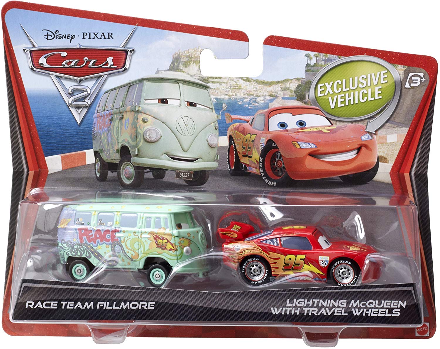 Disney Pixar Cars 2 Movie Race Team Fillmore & Lightning McQueen Toy Cars with Travel Wheels - Perfect for Kids Playtime, Collectibles & Birthday Gifts