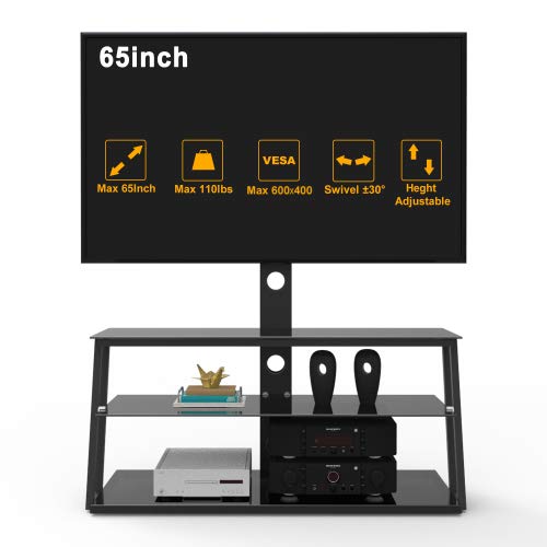 Tansole Swivel Floor TV Stand - Height Adjustable Bracket for 32 to 65 Inch Flat/Curved Screens | 3-Tier Black Tempered Glass Entertainment Center | Perfect for Living Room, Bedroom & Home Theater Setup