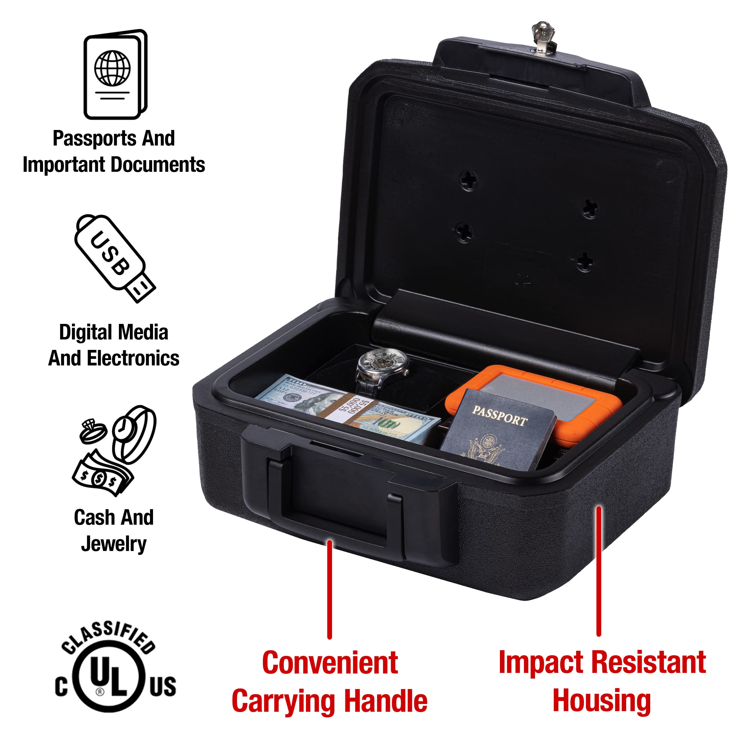 SentrySafe Fireproof and Waterproof Money Safe Box with Key Lock - Portable Black Security Safe for Cash, Jewelry & Documents - 14.3