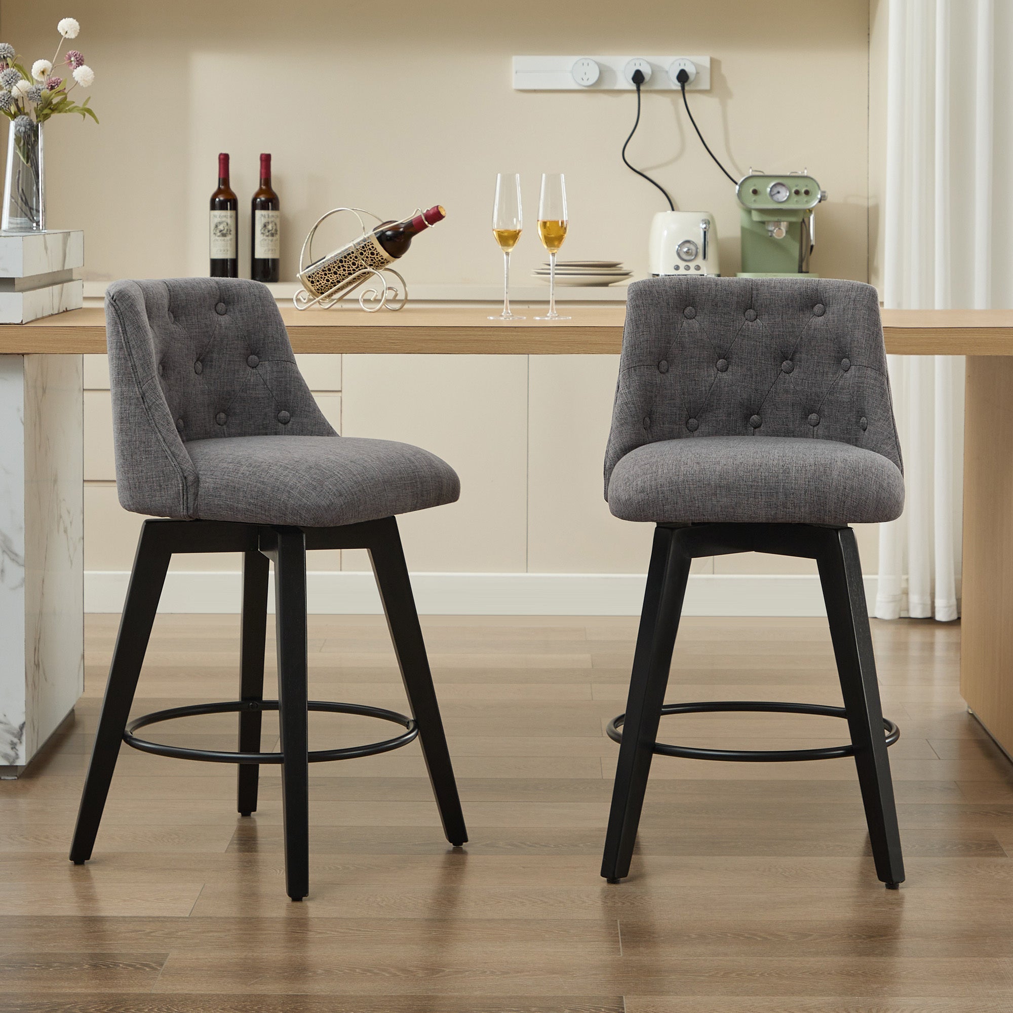 Modern 25' Swivel Bar Stools Set of 2 - Counter Height Stools with Linen Upholstery & Button Tufted Back, Solid Wood Frame for Kitchen Island, Home Bar or Breakfast Nook - Perfect for Entertaining Guests or Casual Dining