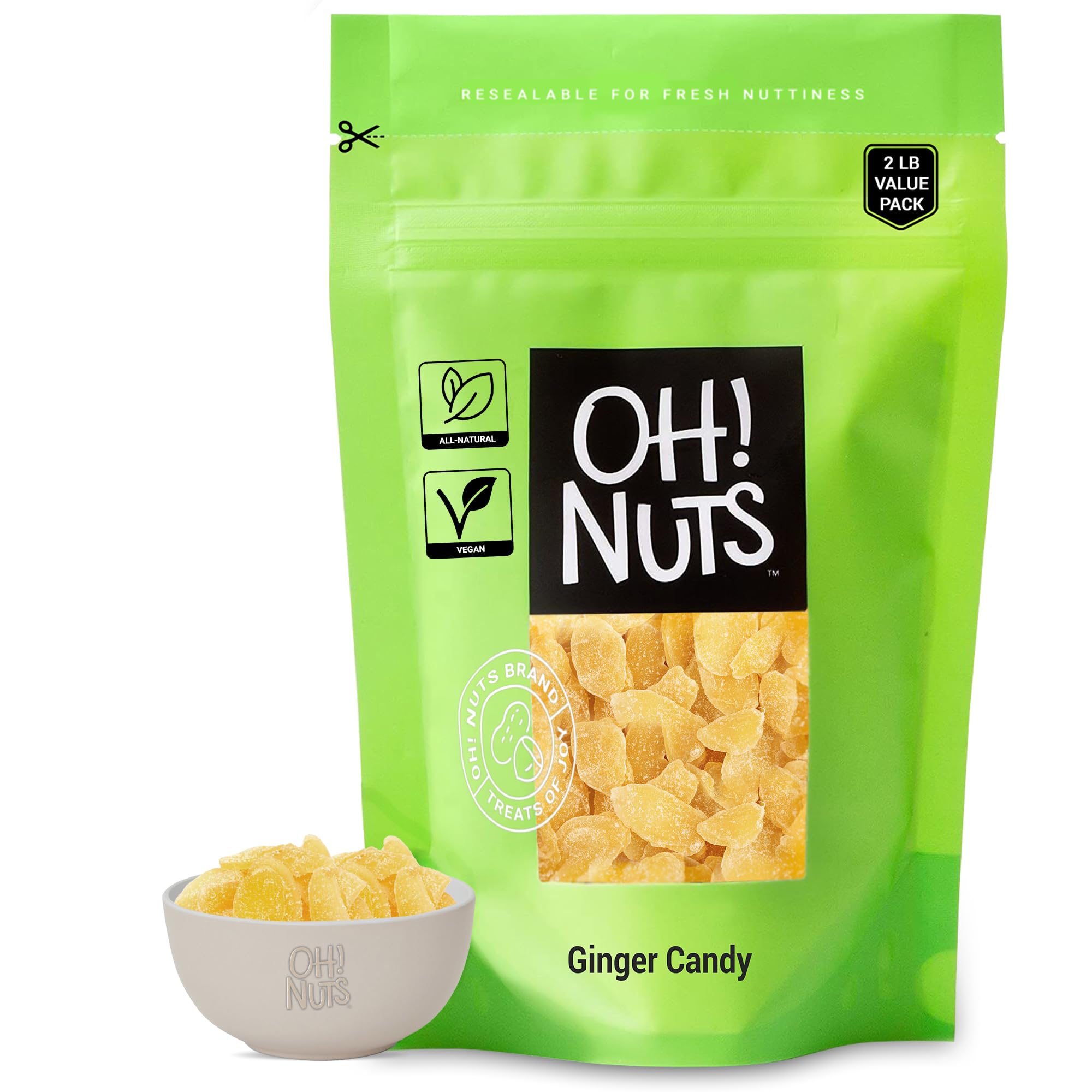 Oh! Nuts Ginger Candy - 2 lb Bag - Dried Ginger Slices with Crystallized Sugar Coating - Dehydrated Fruit Snacks - Packed in Resealable Zip Bag for Freshness - Perfect for Baking, Tea Pairing & Healthy On-the-Go Snacking