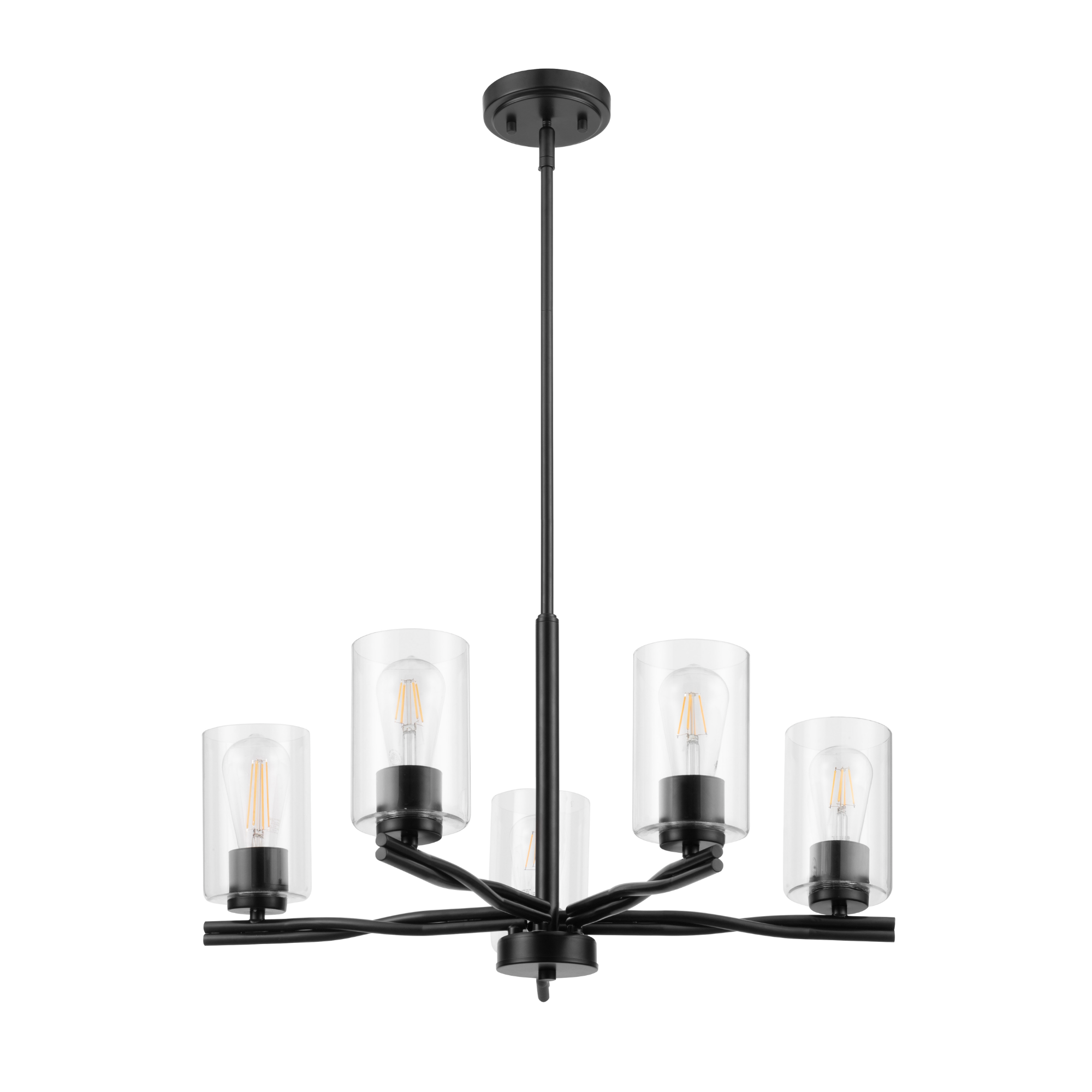 5-Light Matte Black Chandelier with Clear Glass Shades - Modern Crystal Ceiling Light Fixture for Dining Room, Living Room, Bedroom Decor