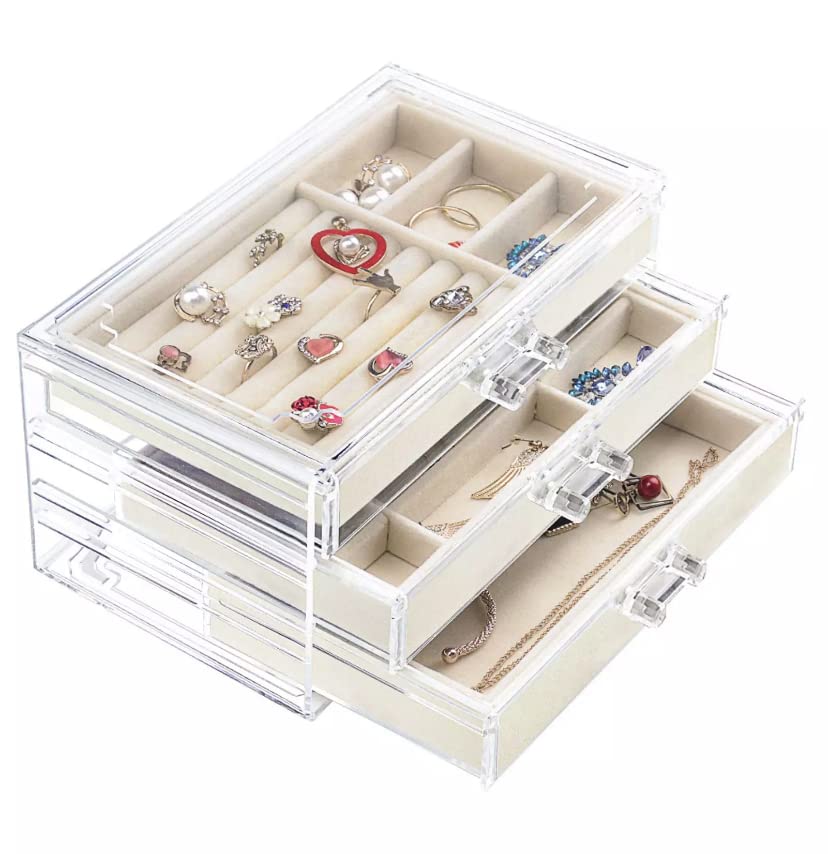 3-Drawer Acrylic Jewelry Box with Velvet Lining - Elegant Jewelry Organizer for Earrings, Necklaces, Rings & More - Perfect for Women's Jewelry Storage & Display (Beige) - Ideal for Bedroom Vanity, Closet Organization & Travel Accessories