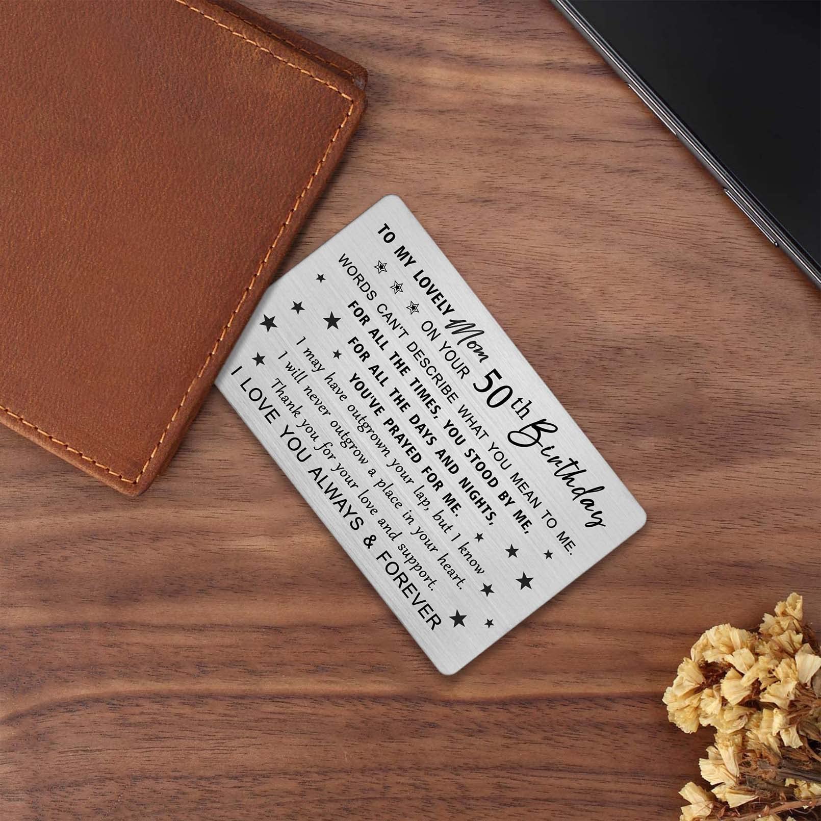 Elegant DEGASKEN 50th Birthday Card for Mom - Personalized Engraved Wallet Card - Perfect 50th Birthday Gift for Women - Ideal for Birthday Parties, Celebrations & Keepsakes