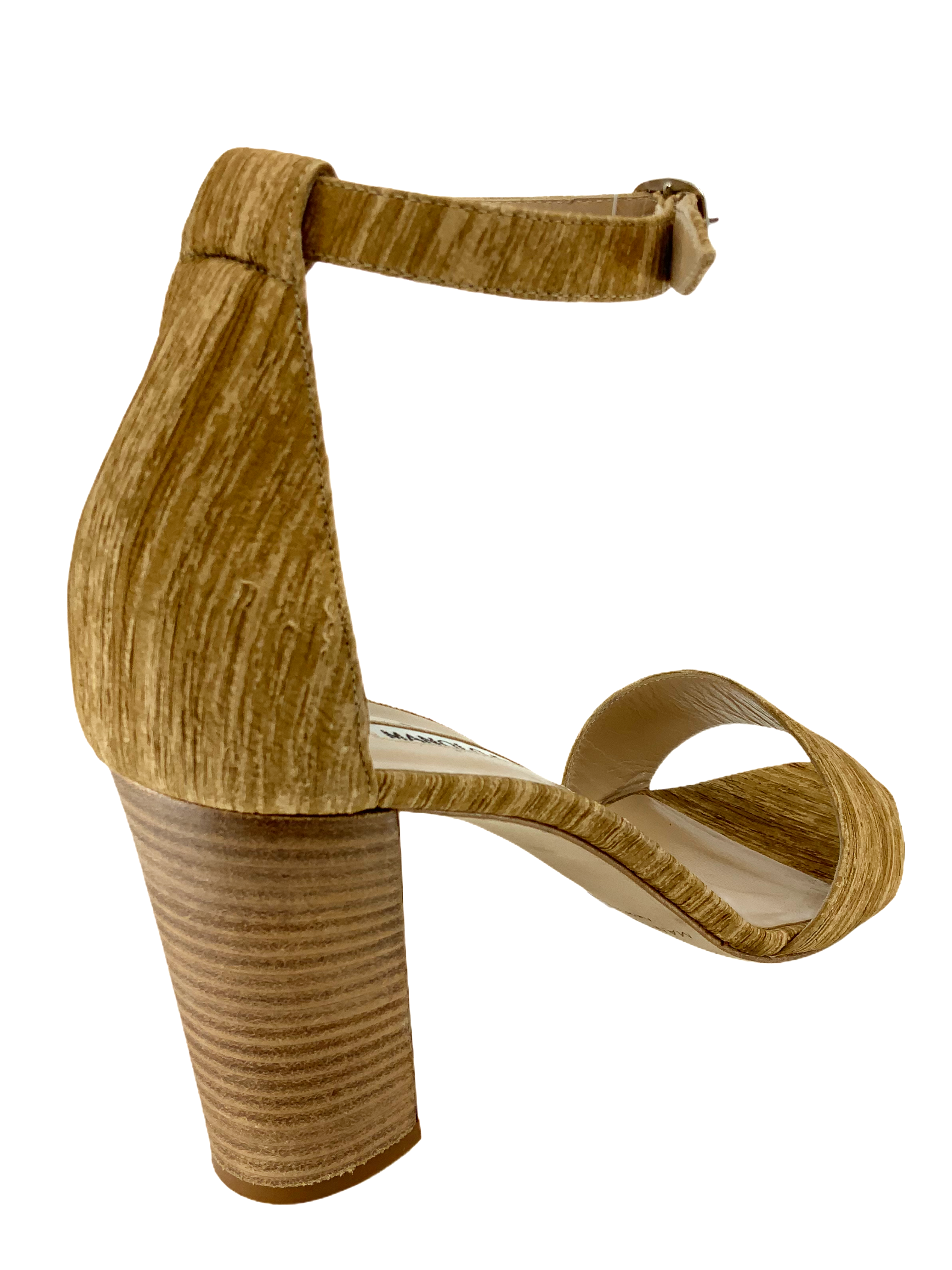 Manolo Blahnik Women's Size 9 Natural Raw Silk Ankle Strap Block Heel Sandals - Perfect for Weddings, Parties & Summer Outfits