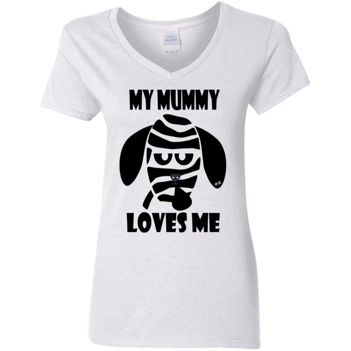 My Mummy Loves Me Halloween Women's 5.3 oz V-Neck T-Shirt | Funny Spooky Graphic Tee for Costume Parties & Trick or Treating