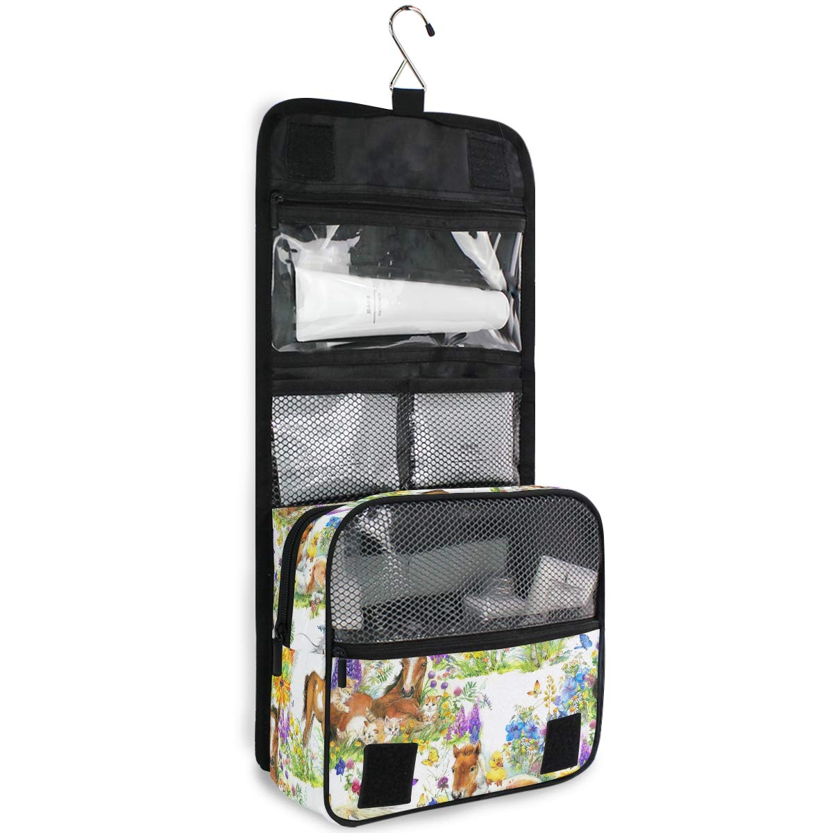 **Moyyo Cute Horses Cats Duck Flowers Hanging Toiletry Bag - Travel Wash Bag Organizer for Women, Girls & Kids - Portable Cosmetic Organizer for Gym, Camping & Vacation**    (Note: The original title was already in English, so no translation was needed. I streamlined the keywords, removed redundancy, and added usage scenarios like 