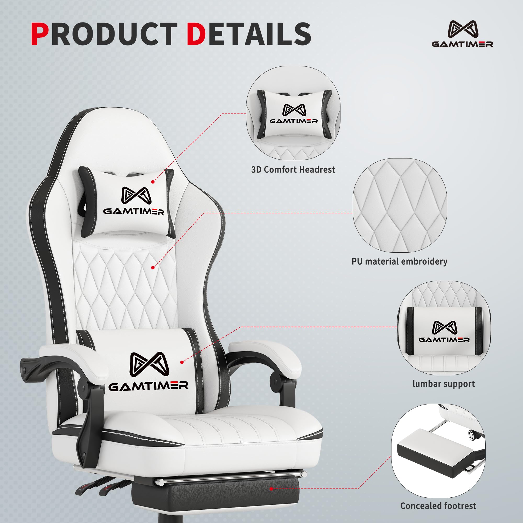 Ergonomic Gaming Chair with Adjustable Footrest & Lumbar Support - Breathable PU Leather Computer Desk Chair with Headrest - Comfortable Office & Video Game Chair for Adults & Gamers (White) - Perfect for Esports, Streaming & Home Office Workspace