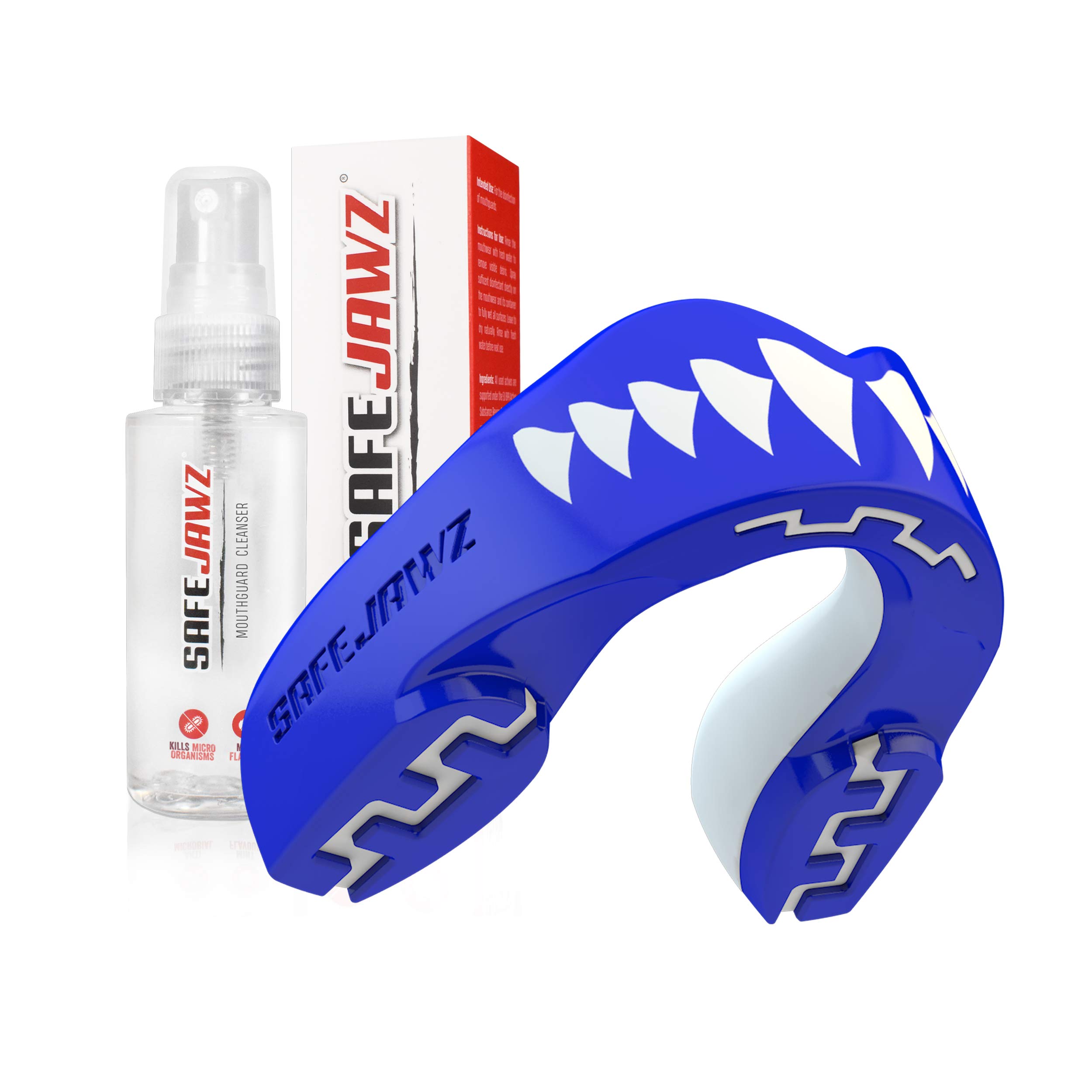 SafeJawz Sports Mouthguard & Cleaner Bundle - Protective Gum Shield for Football, Rugby, Hockey, Lacrosse (Shark, Junior) - Ideal for Youth Contact Sports & Training Sessions