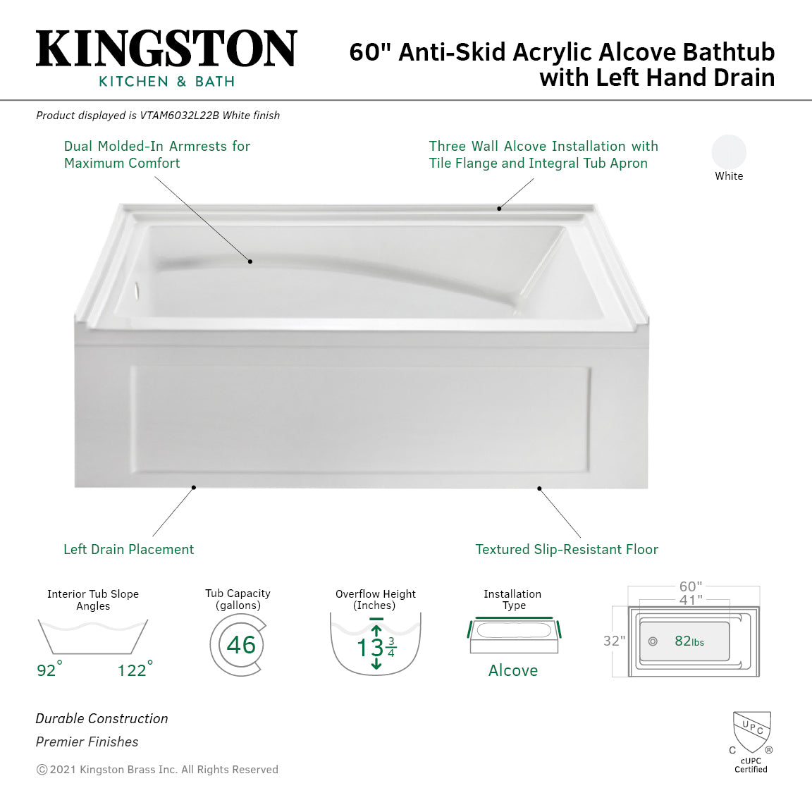 Aqua Eden 60 Inch Acrylic Rectangular 3-Wall Alcove Bathtub with Armrest & Anti-Skid Surface - Left Hand Drain, Glossy White - Perfect for Small Bathrooms & Spa-Like Relaxation